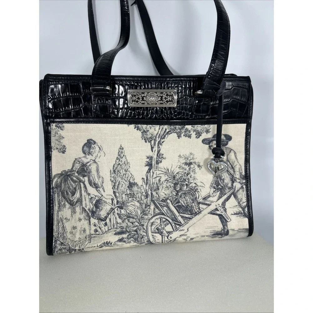 Brighton Martine Purse Black Croc Embossed Leather Canvas Blue Toile Shoulder